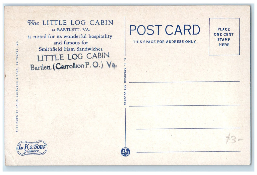 c1920 The Little Log Cabin Near James River Bridge Bartlett Virginia VA Postcard