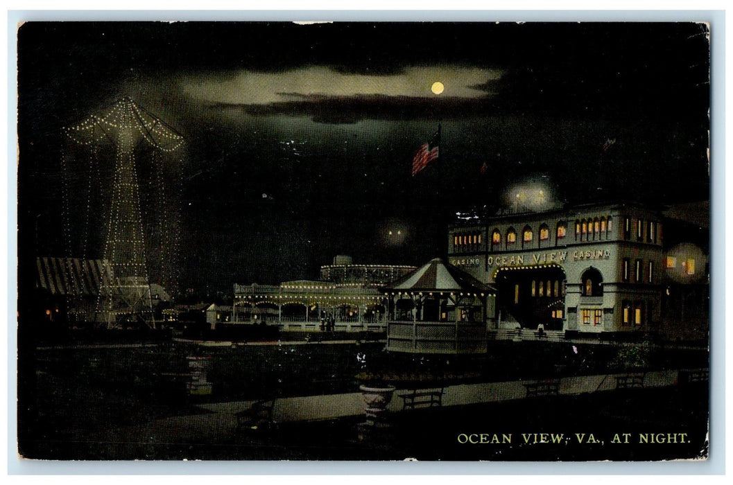 c1950's At Night Amusement Park US Flag Ocean View Virginia VA Posted Postcard