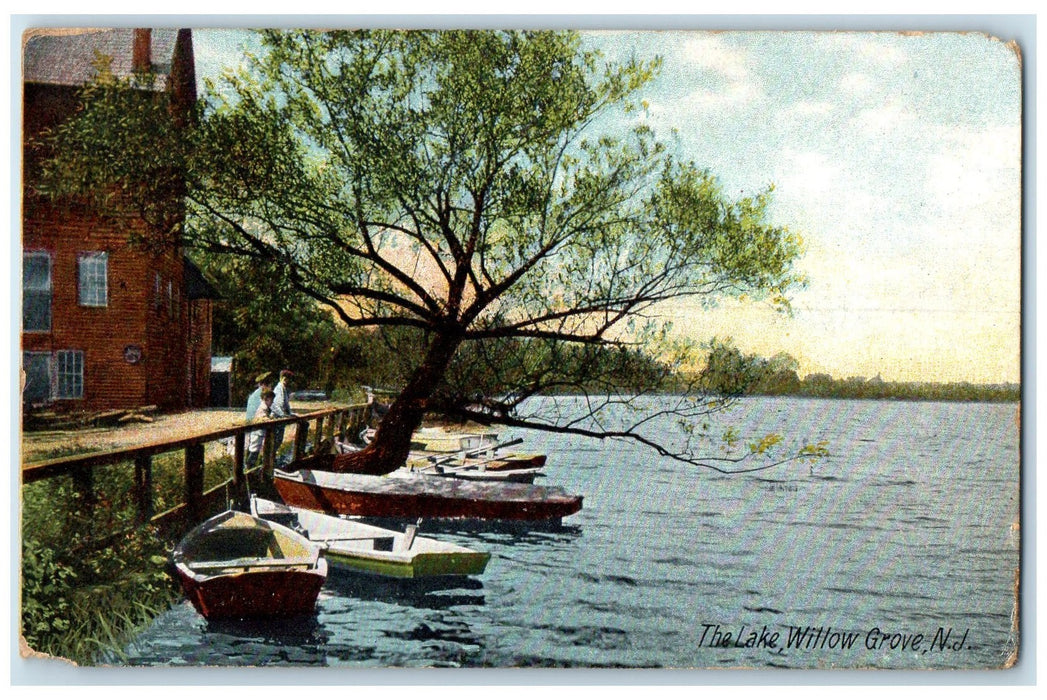 1907 The Lake Willow Boats Dock Kid & Man House Grove New Jersey NJ Postcard