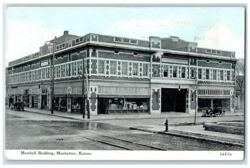 1912 Marshall Building Exterior Roadside Manhattan Kansas KS Posted Car Postcard