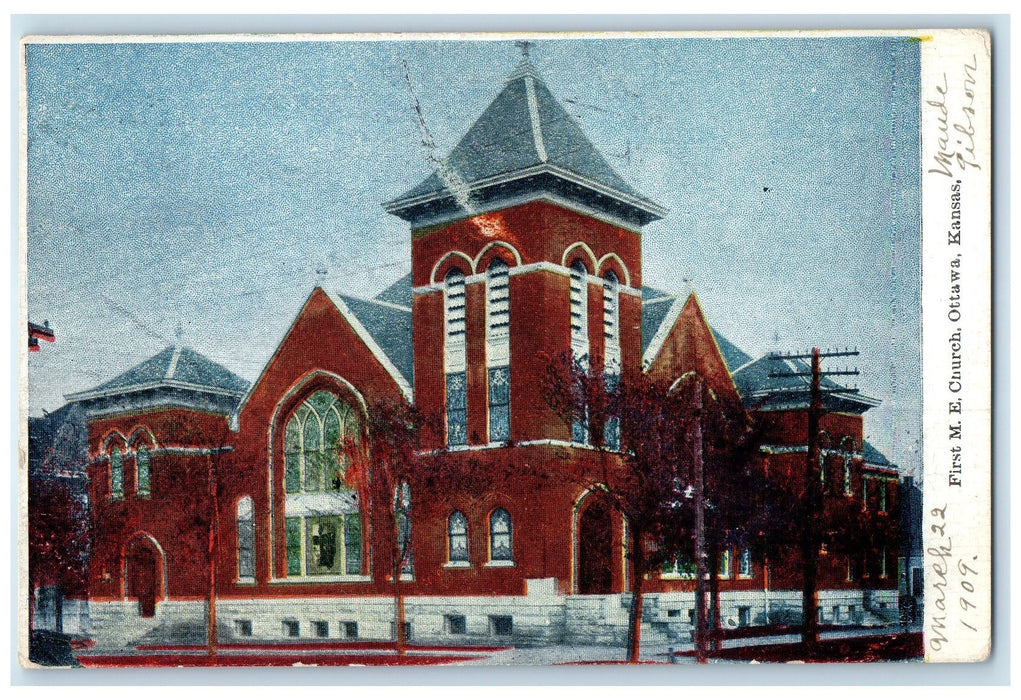 1909 First Methodist Episcopal Church Exterior Ottawa Kansas KS Trees Postcard