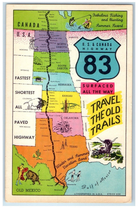 1947 Travel The Old Cattle Trails Texas TE Posted Best Surfaced Route Postcard