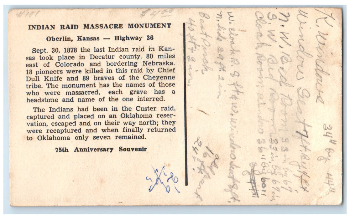 c1940s Indian Raid Massacre Monument Oberlin Kansas KS Unposted Vintage Postcard