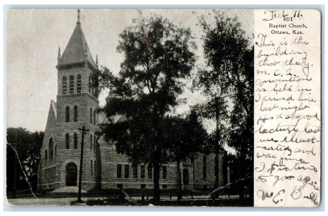 1997 Baptist Church Exterior Roadside Ottawa Kansas KS Posted Trees Postcard