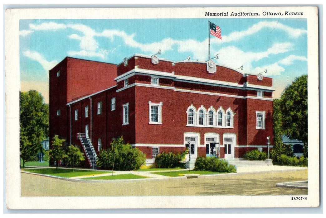 c1940's Memorial Auditorium Exterior Roadside Ottawa Kansas KS Unposted Postcard