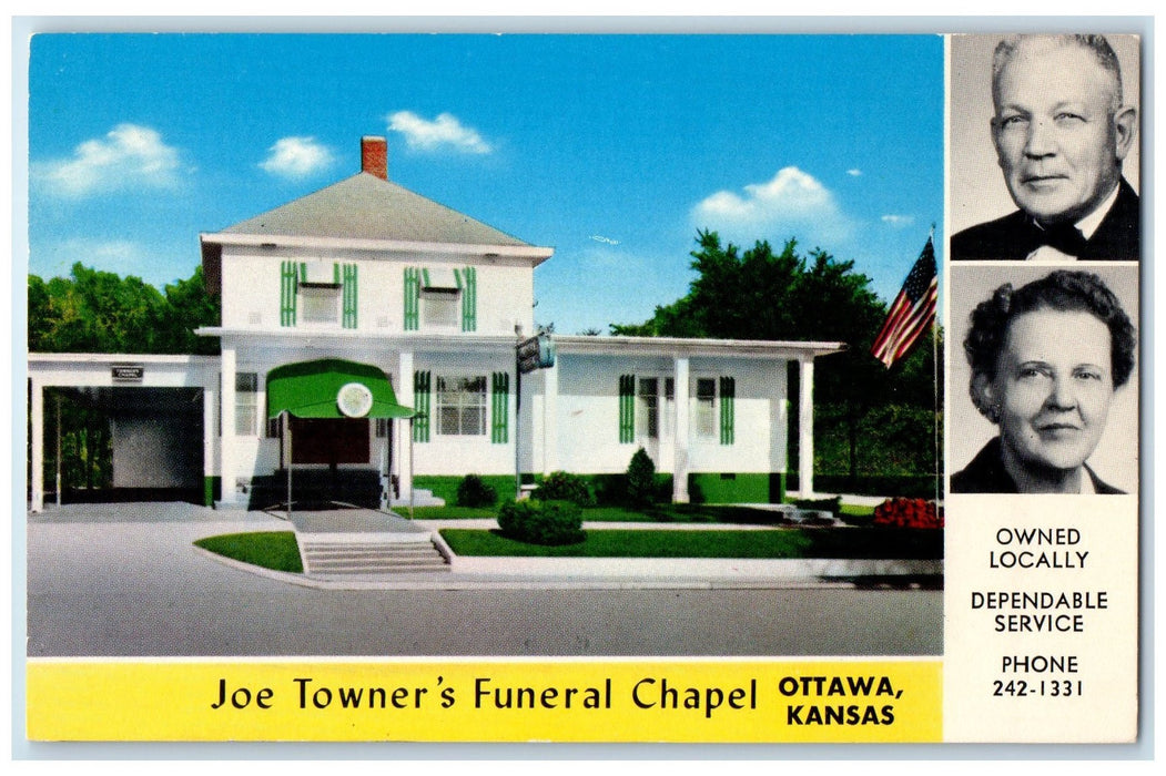 c1940's Joe Tower's Funeral Chapel Exterior Ottawa Kansas KS Portraits Postcard