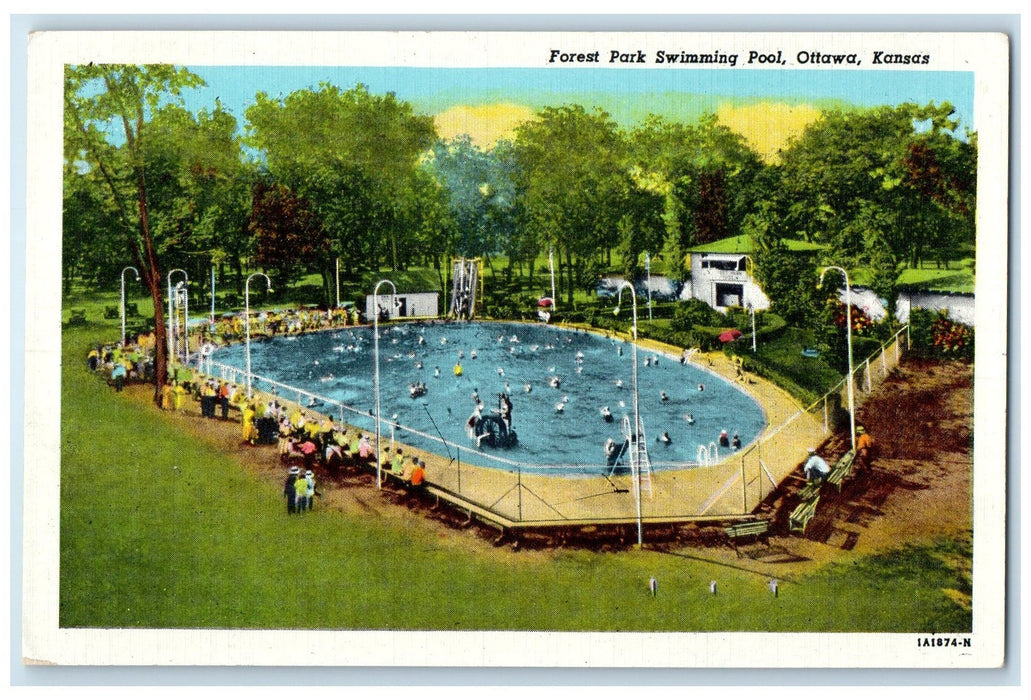 c1940's Forest Park Swimming Pool People Bathing Ottawa Kansas KS Trees Postcard