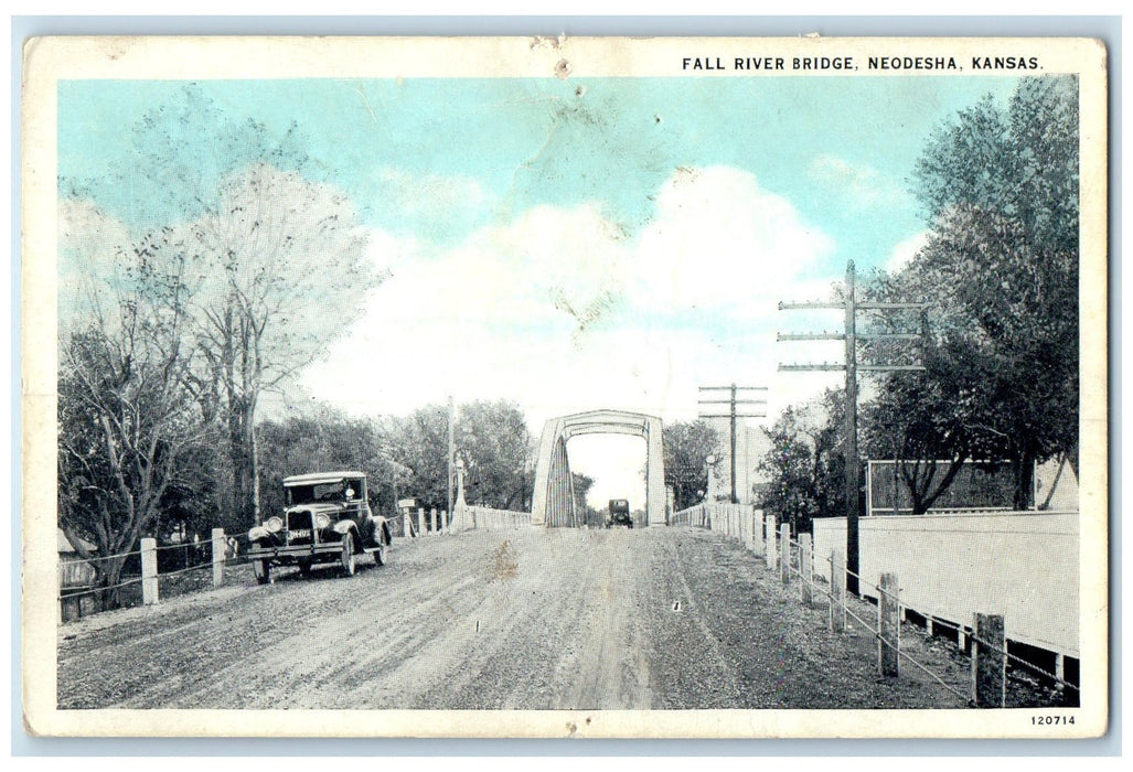 c1940's Fall River Bridge Cars Scene Neodesha Kansas KS Unposted Trees Postcard