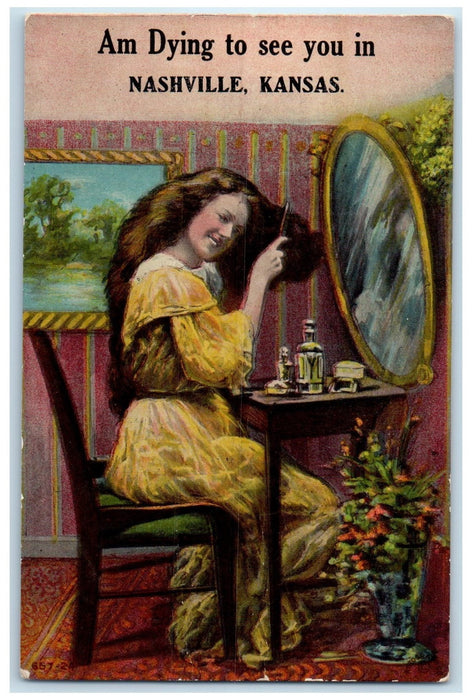 1911 Am Dying To See You Girl Brushing Hair Nashville Kansas KS Posted Postcard