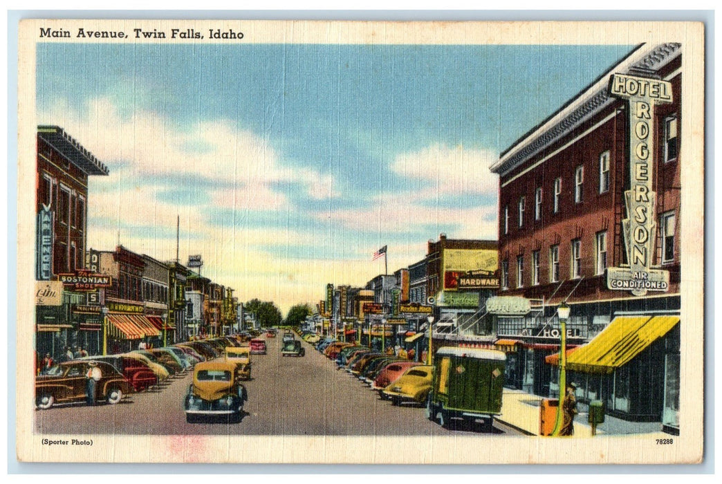 1950 Main Avenue Shops Hotels And Cars Scene Twin Falls Idaho ID Posted Postcard