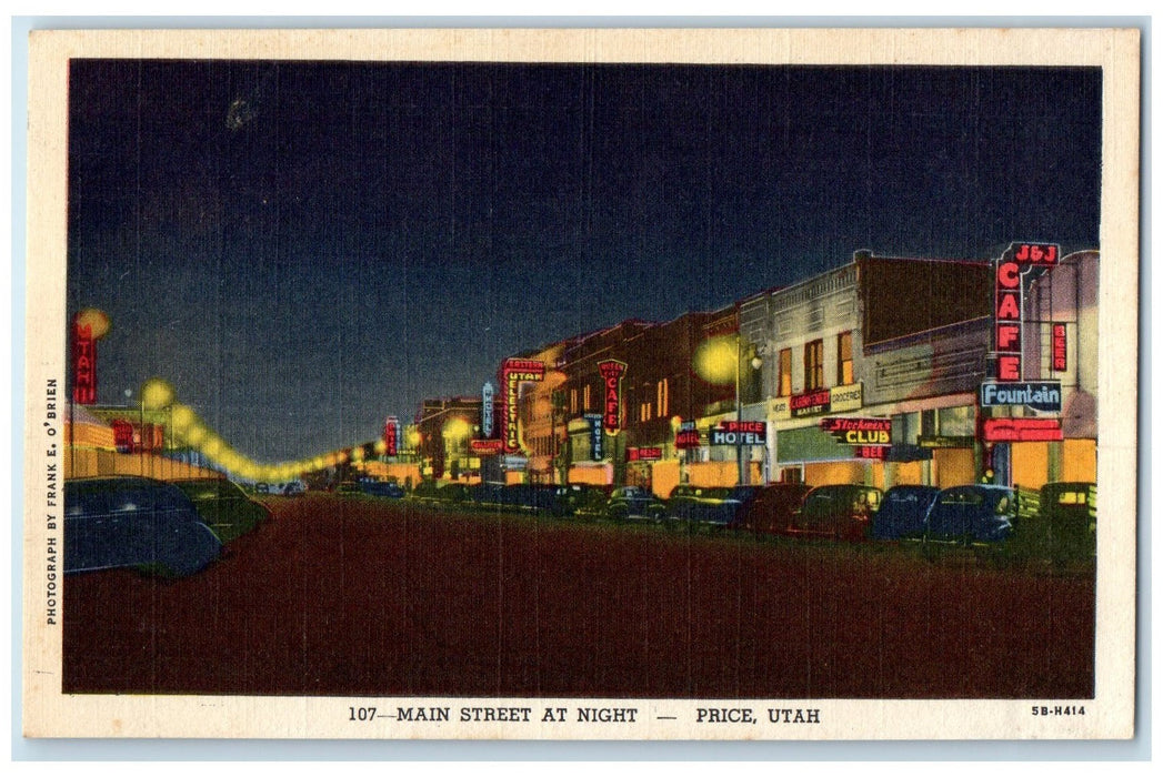 c1940s Main Street At Night Shops Clubs Cars Scene Price Utah UT Lights Postcard