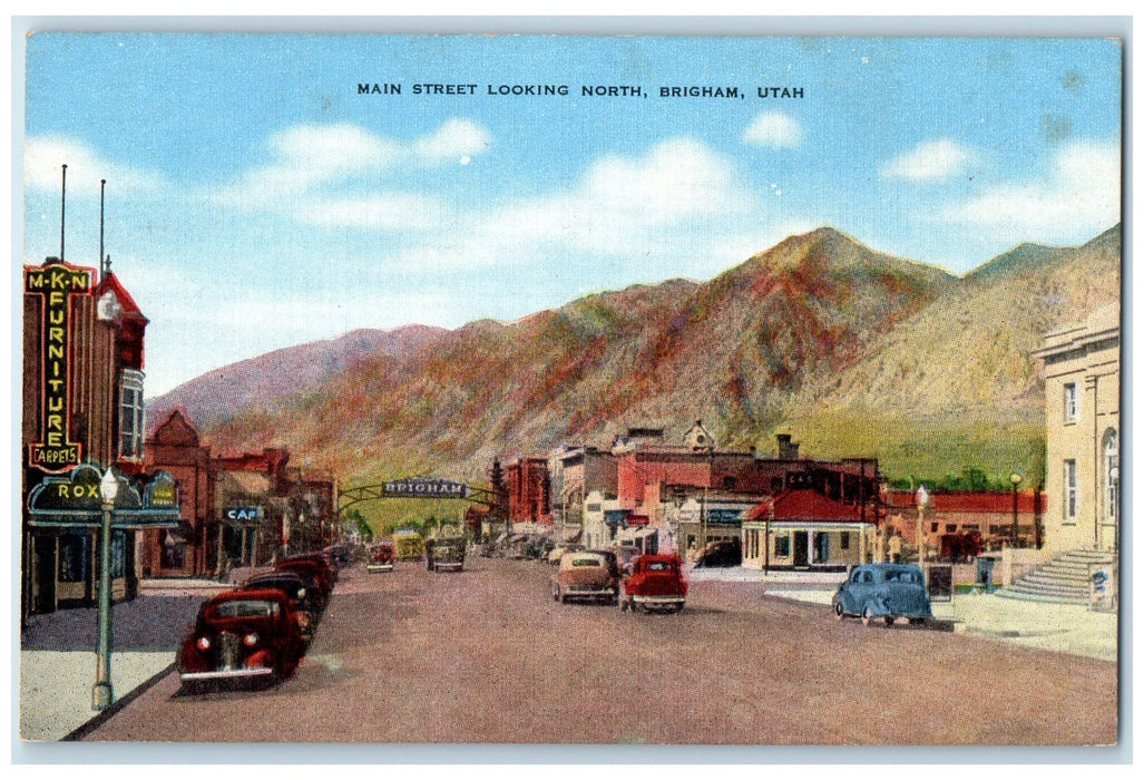 c1940s Main Street Looking North Shops & Cars Brigham Utah UT Unposted Postcard