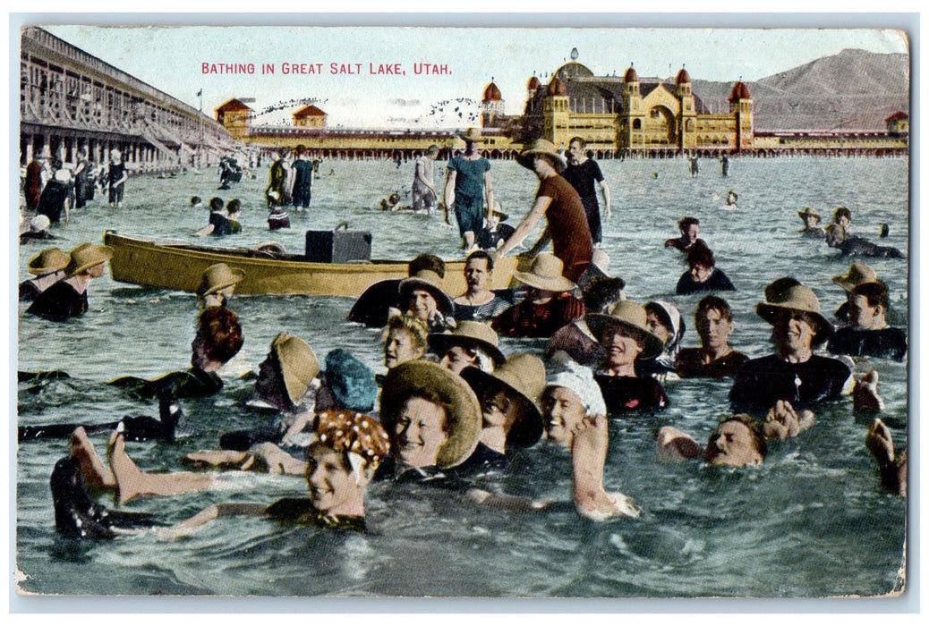 1910 Scene Of People Bathing In Great Salt Lake City Utah UT Posted Postcard