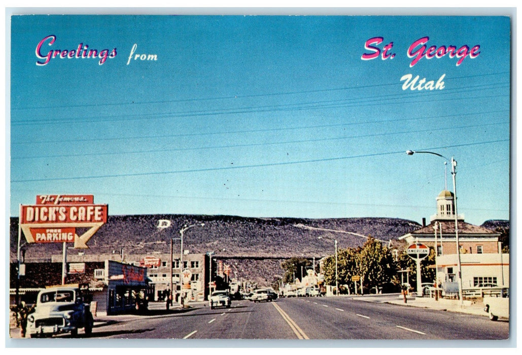 c1960's Greetings From St. George Cafe Shops And Cars Utah UT Unposted Postcard