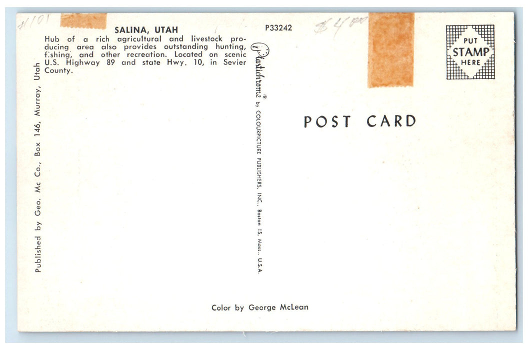 c1960's Greetings From Salina Utah UT Unposted Hub Of Rich Agricultural Postcard