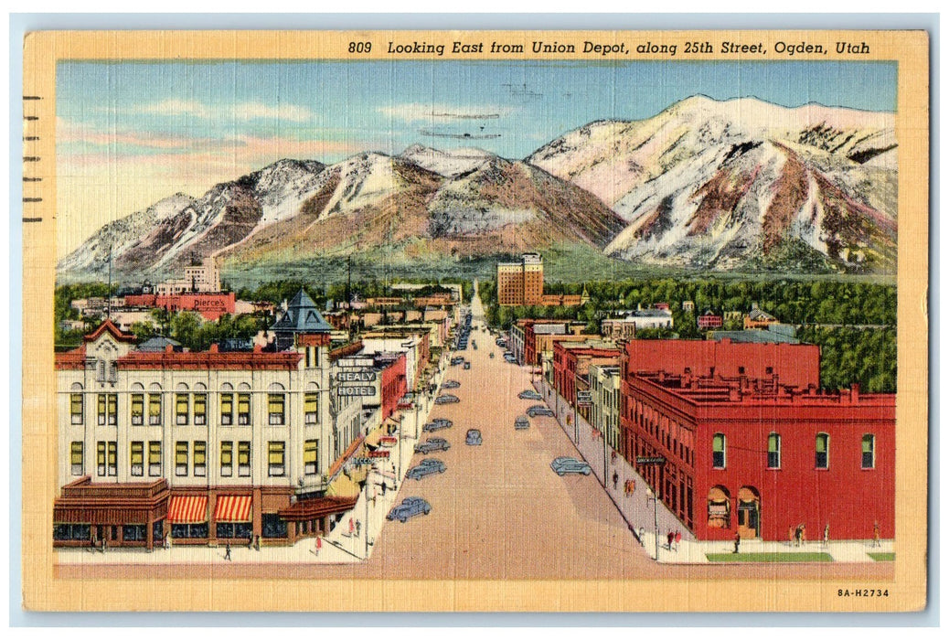 1944 Looking East From Union Depot Snow-Capped Mountains Ogden Utah UT Postcard