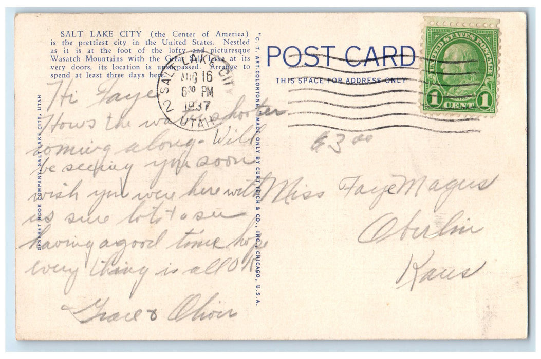 1937 Large Letter Greetings From Salt Lake City Utah UT Posted Seagull Postcard