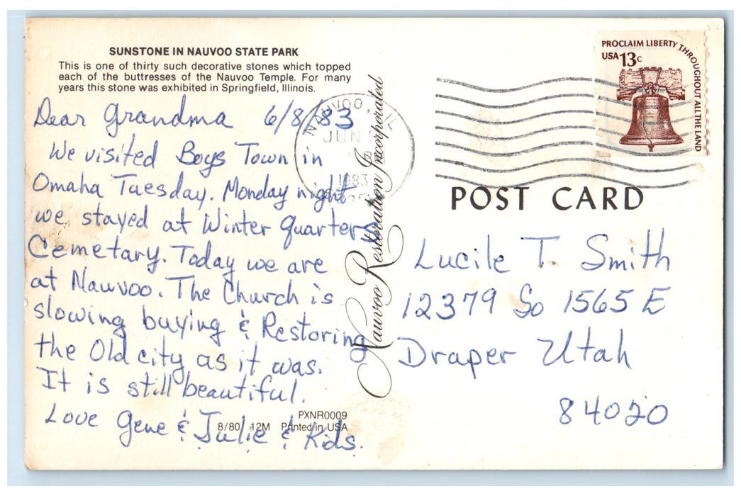 1983 Sunstone In Nauvoo State Park Nauvoo Illinois IL Posted Vintage Postcard