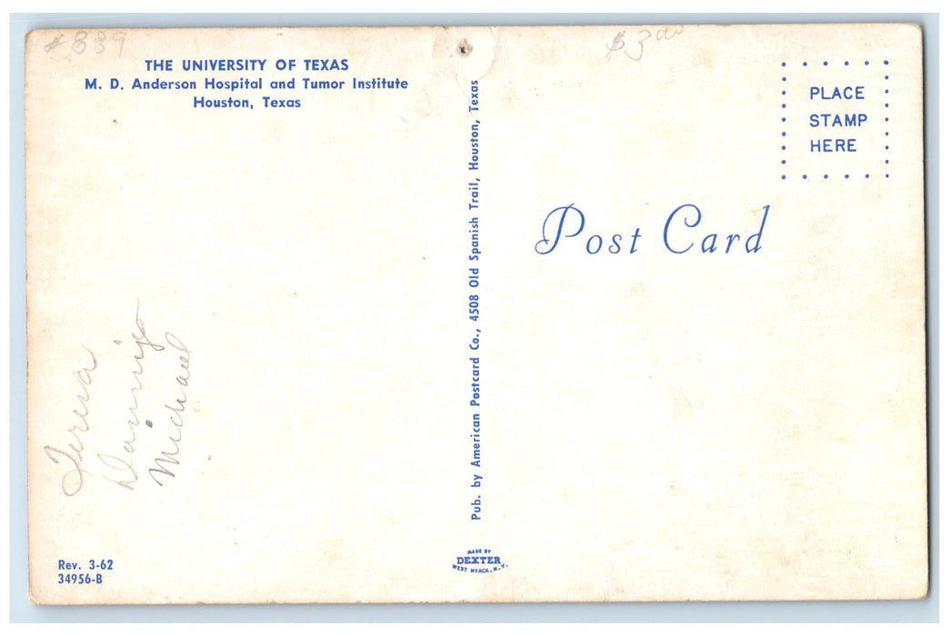 c1960s The University Of Texas M. D. Anderson Hospital Houston Texas TE Postcard