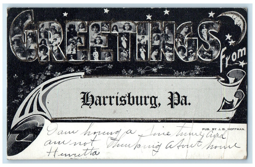 1906 Large Letter Greetings From Harrisburg Pennsylvania PA Posted Moon Postcard