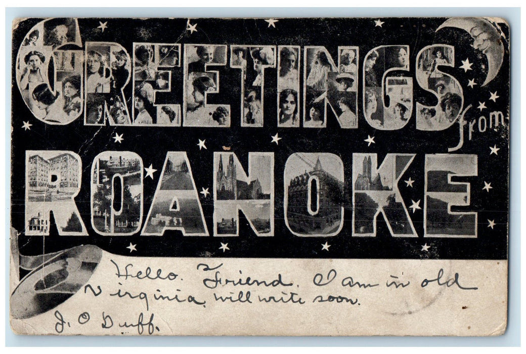 1905 Large Letter Greetings From Roanoke Virginia VA Posted Stars Moon Postcard