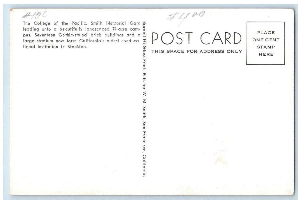 c1960's The College Of The Pacific Entrance Arch Stockton California CA Postcard