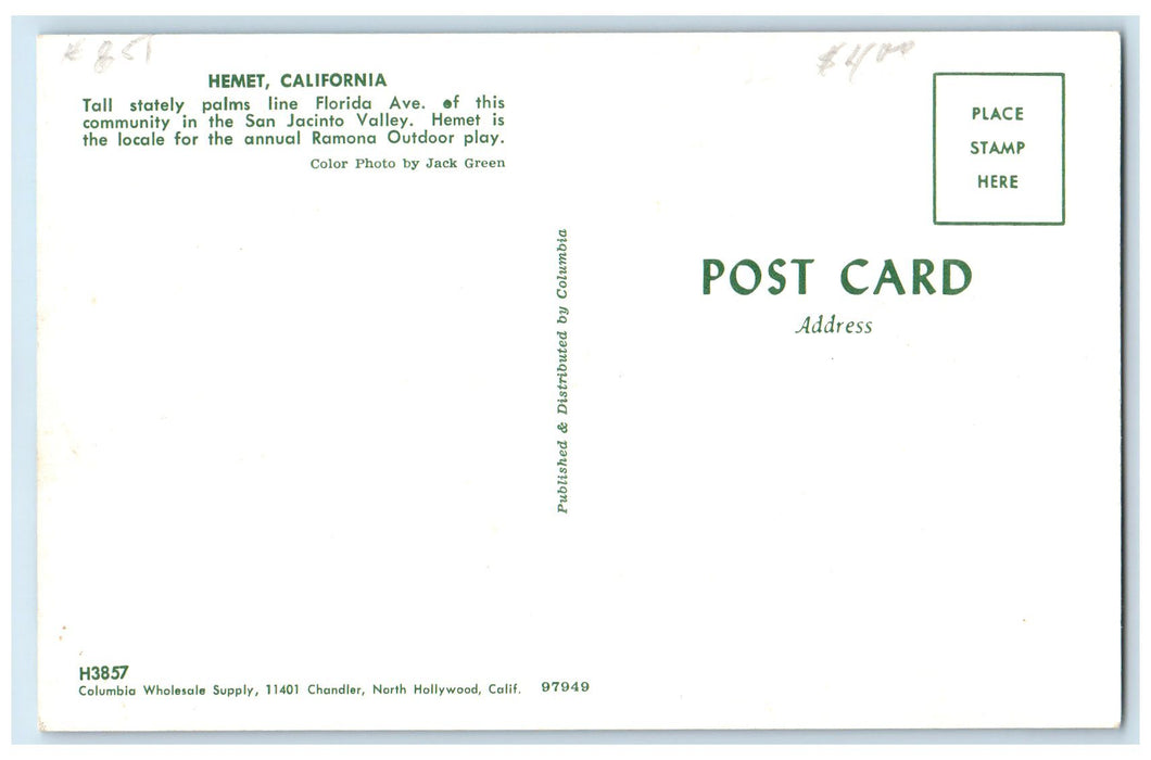 c1950's Tall Stately Palms Line Florida Avenue View Hemet California CA Postcard