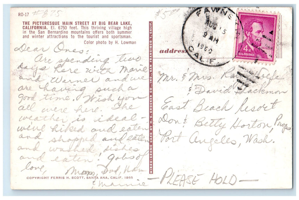 1960 Greetings From Big Bear Lake Building Classic Cars California CA Postcard