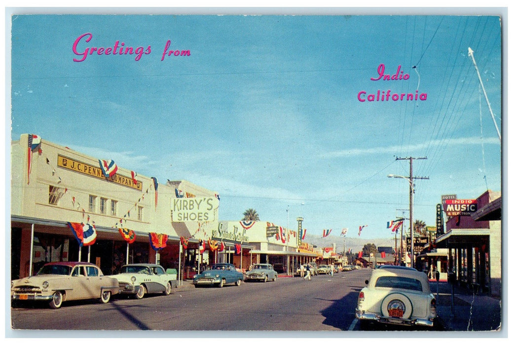 1956 Greetings From Indio Classic Cars Establishments California CA Postcard