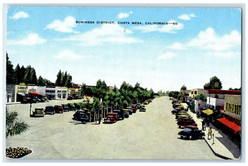 c1950's Business District Lined Classic Cars Costa Mesa California CA Postcard
