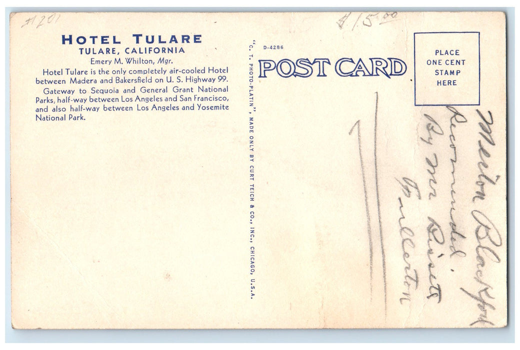 c1920 View Of Lobby Hotel Tulare Animal Collection Tulare California CA Postcard