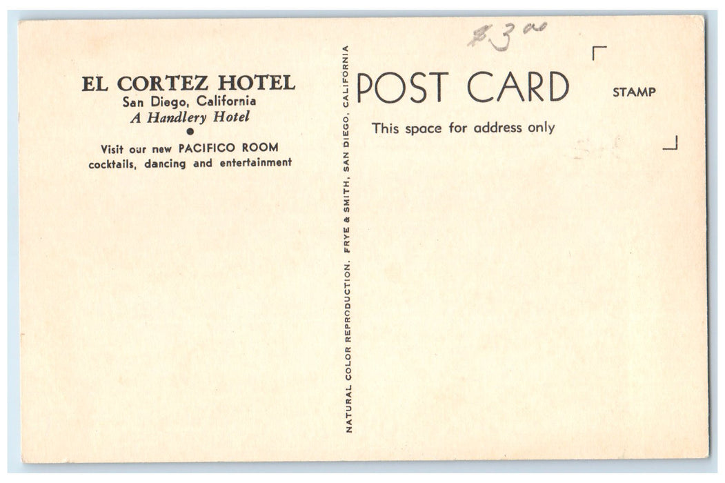 c1920 El Cortez Hotel Sky Room Guest Restaurant San Diego California CA Postcard