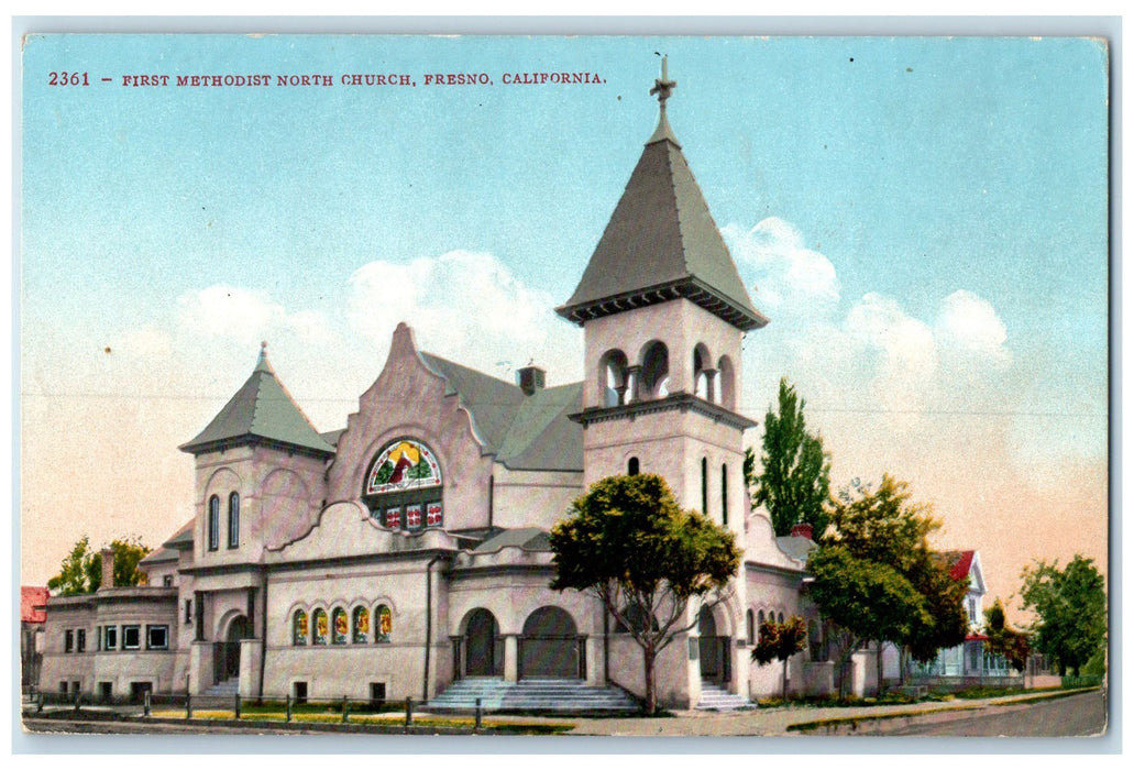 1913 First Methodist North Church Building Tower Presno California CA Postcard