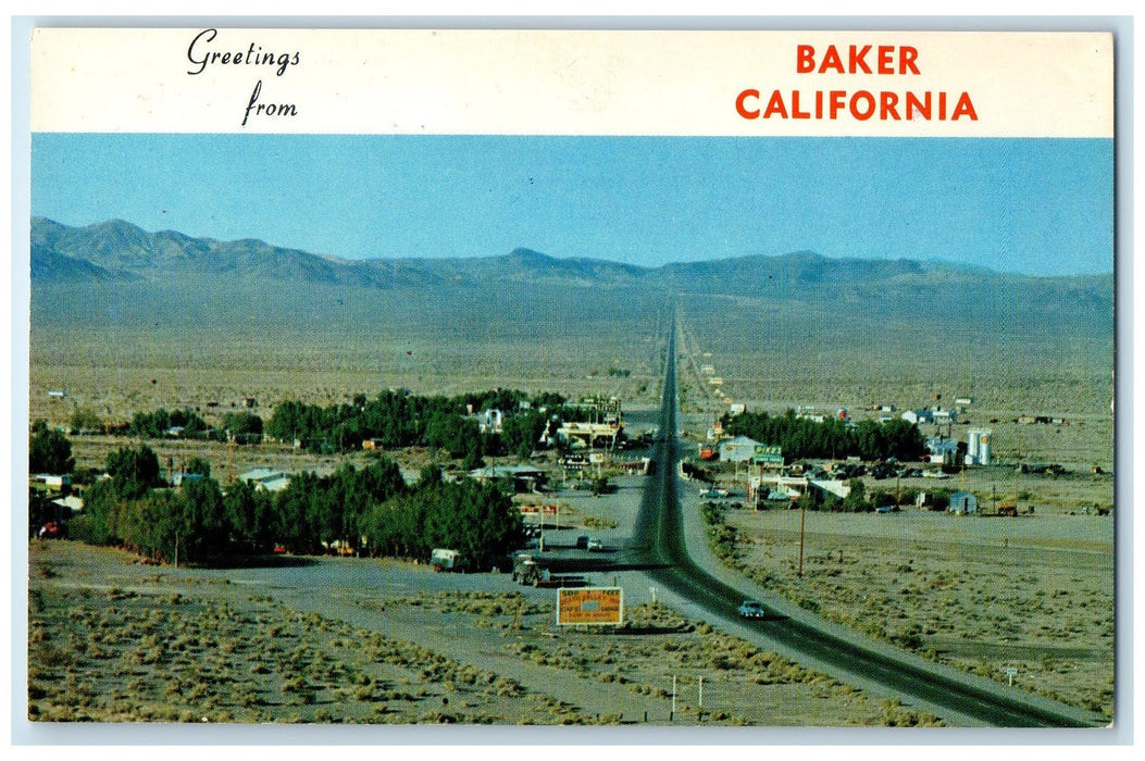 c1920 Greetings From Baker Highway Classic Cars Mountains California CA Postcard