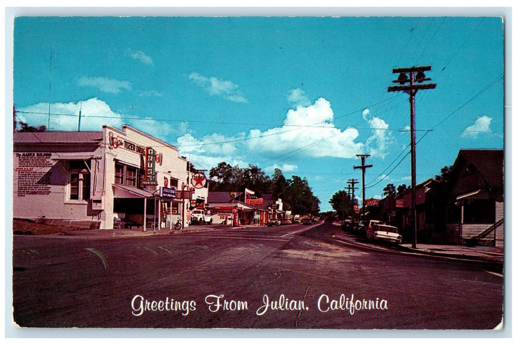 c1950's Greetings From Julian Street Intersection View Classic Cars CA Postcard