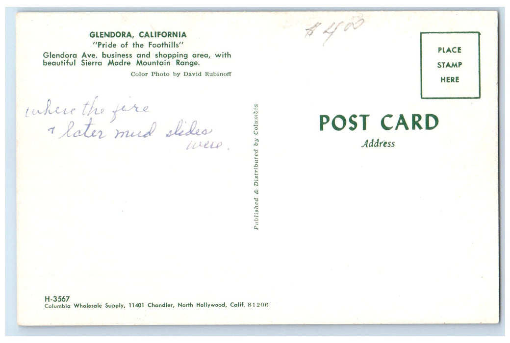 c1950's Pride Of The Foothills Business & Shopping Area Glendora CA Postcard
