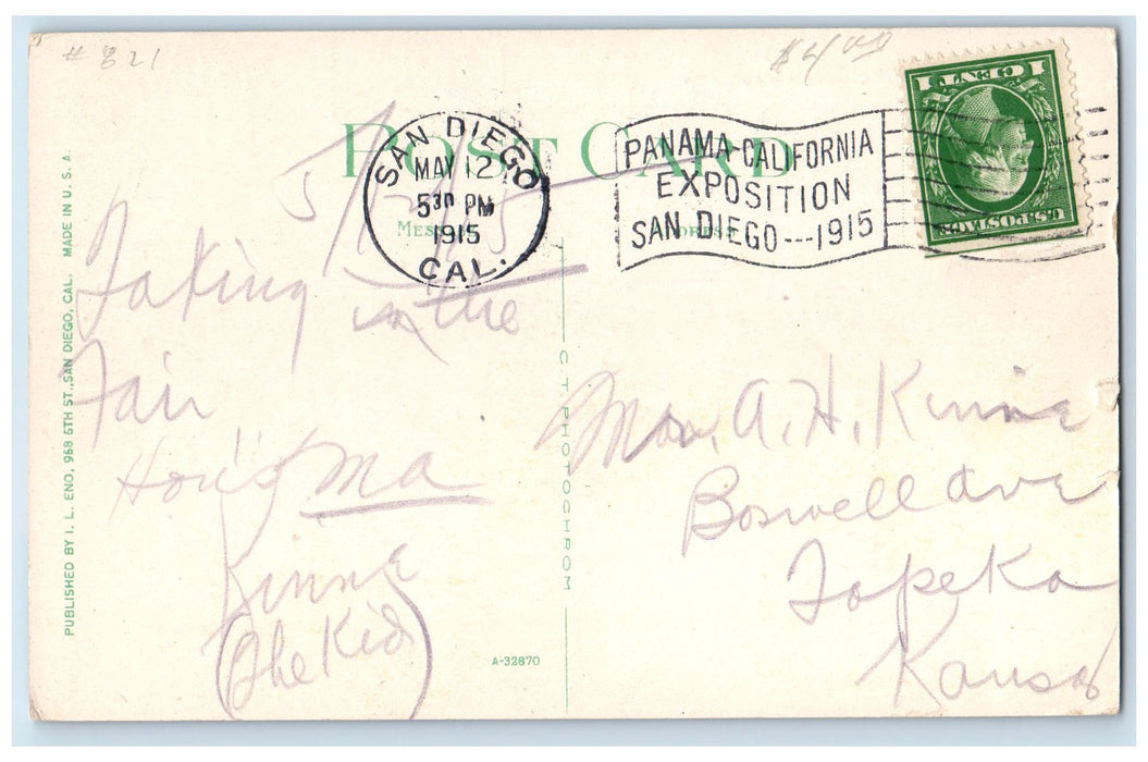 1915 US Grant Hotel Restaurant Building Trolley San Diego California CA Postcard