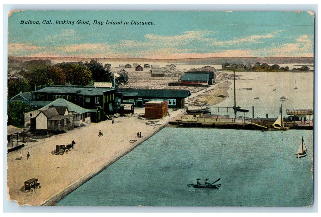 c1910's Looking West Carriage Classic Cars Boats Pier Bay Island CA Postcard