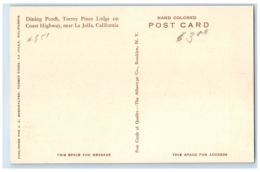 c1950's Dining Porch Torrey Pines Lodge On Coast Highway La Jolla CA Postcard