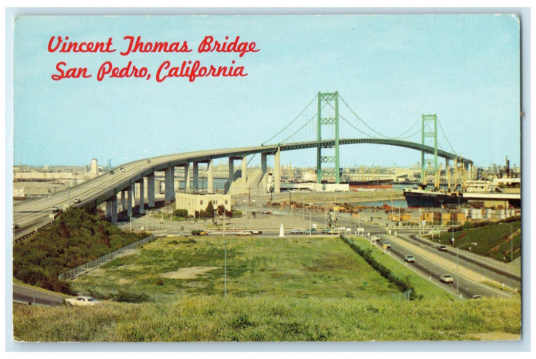 c1950's Vincent Thomas Bridge Ferry Road Harbor San Pedro California CA Postcard