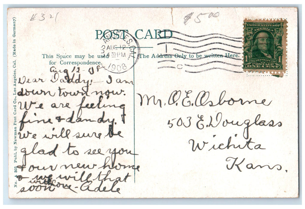 1908 Hotel Hollywood Restaurant Railroad Building Hollywood CA Posted Postcard