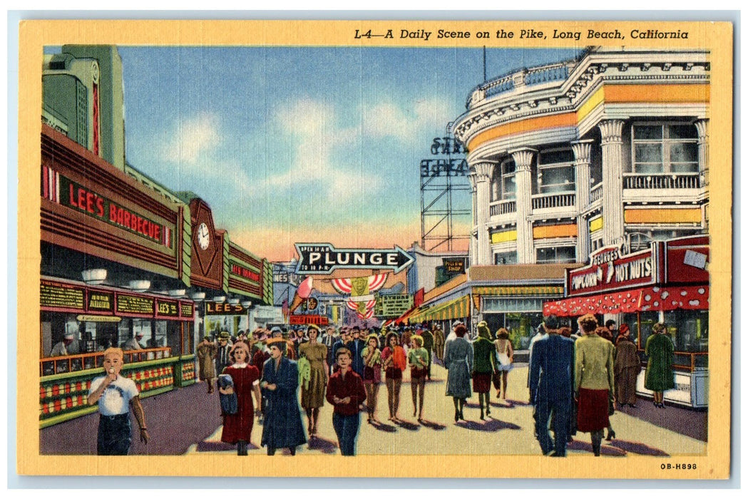 c1940's Daily Scene On Pike Crowd Restaurants Long Beach California CA Postcard