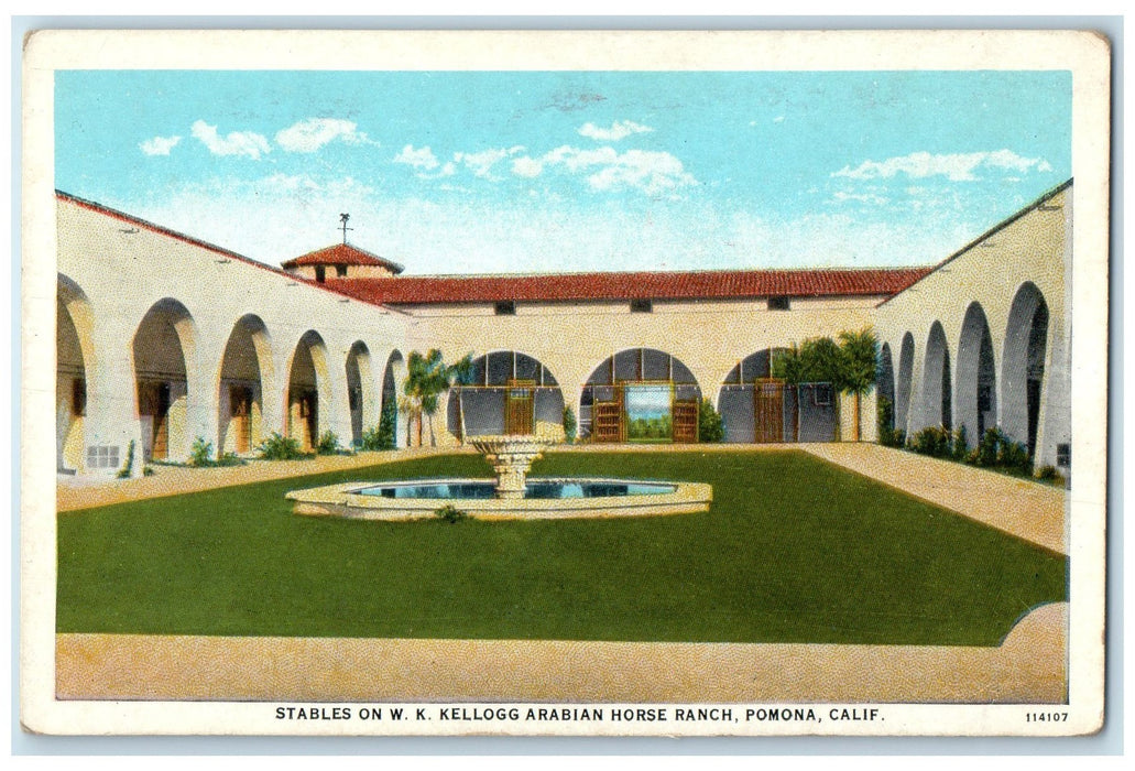 c1920's Stables On WK Kellogg Arabian Horse Ranch Pomona California CA Postcard