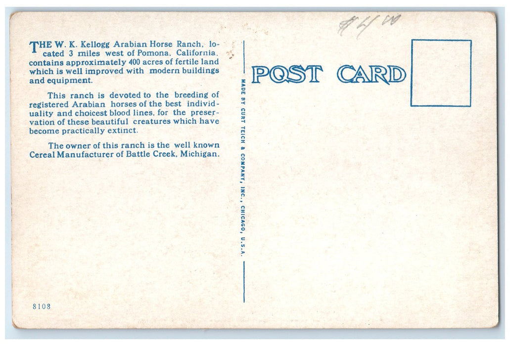 c1920's Stables On WK Kellogg Arabian Horse Ranch Pomona California CA Postcard