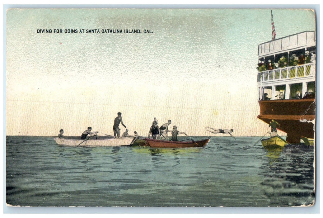 1915 Diving For Coins Group Of Swimmers Santa Catalina Island CA Posted Postcard