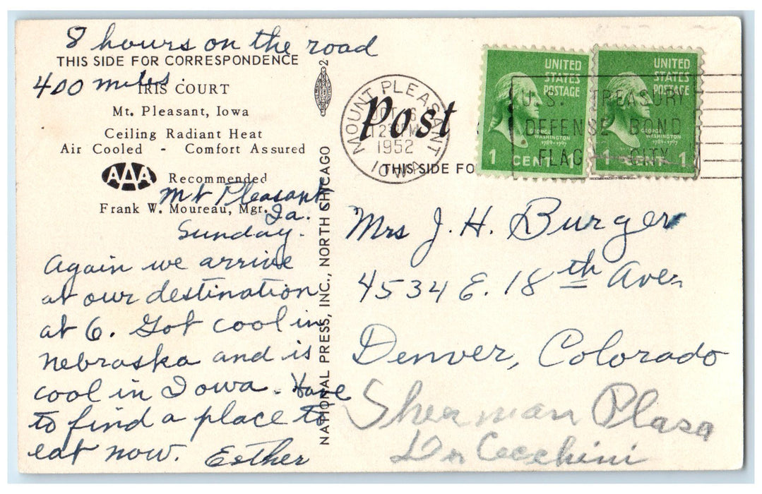 1952 Iris Court West Square US Cottages Restaurant Mt. Pleasant Iowa IA Postcard