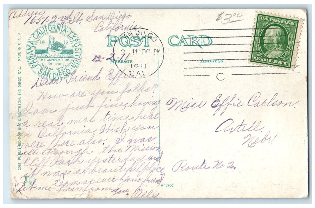 1911 Normal School From Mission Cliff Park View San Diego California CA Postcard
