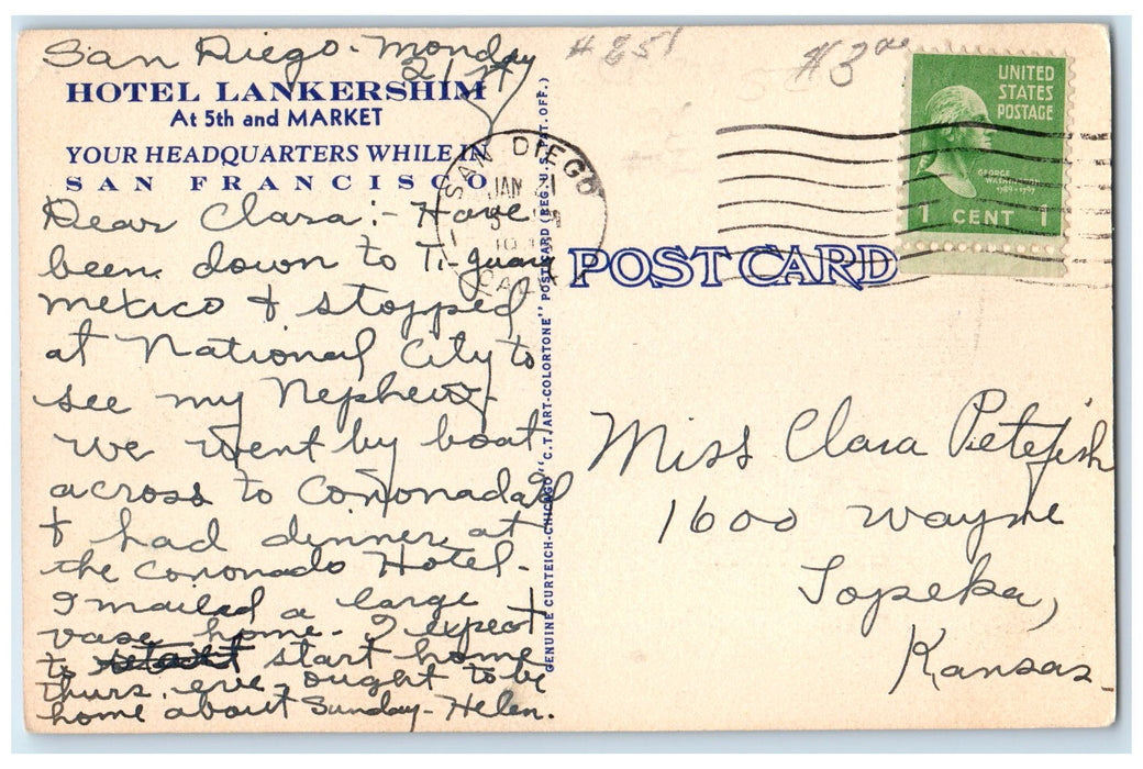 c1920 Hotel Lankershim Restaurant Building San Francisco CA Advertising Postcard