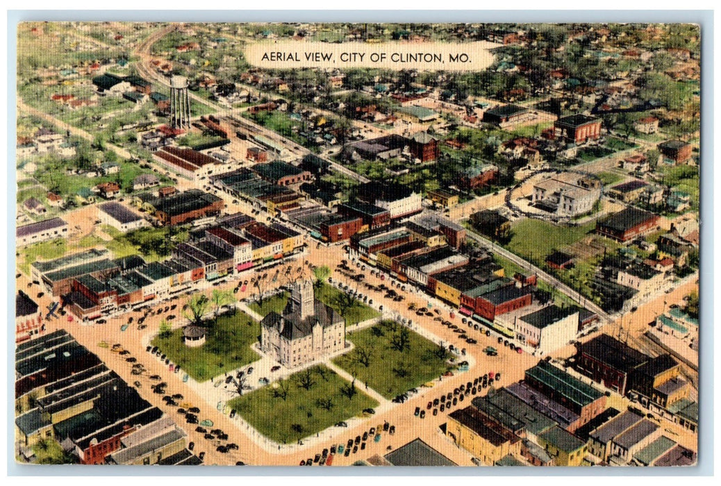 c1940's Aerial View Buildings Roads Street City Of Clinton Missouri MO Postcard