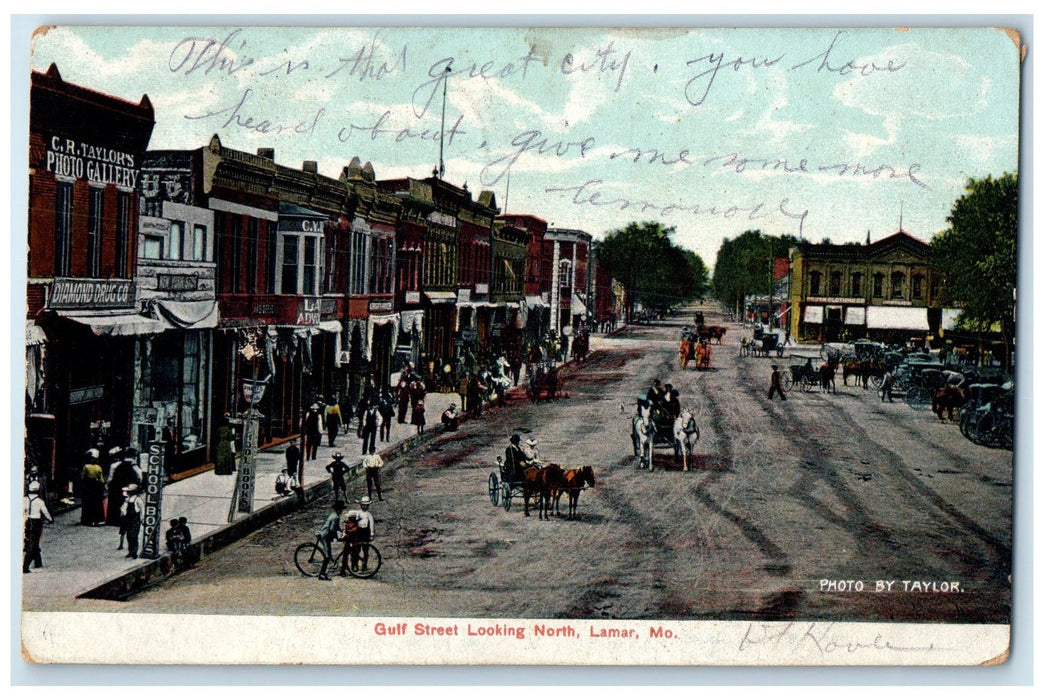 1907 Gulf Street Horse Carriages Dirt Road Stores Lamar Missouri MO Postcard